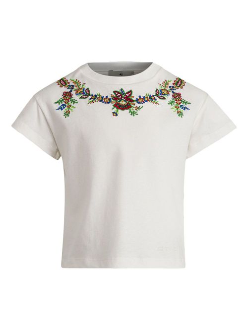 Floral-embroidered cotton T-shirt - White