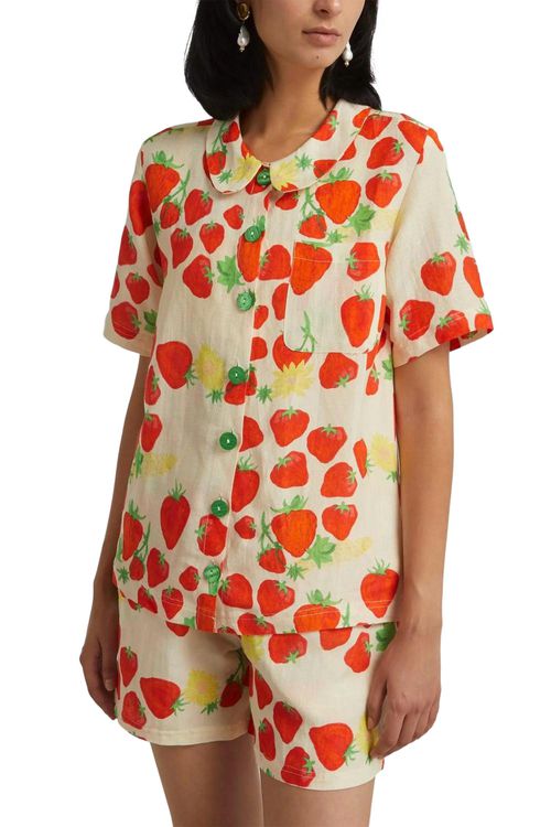 Strawberry-Print Linen-Blend Shirt In Beige