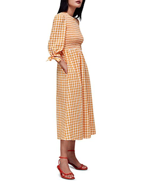 Gingham Check Shirred Midi Dress