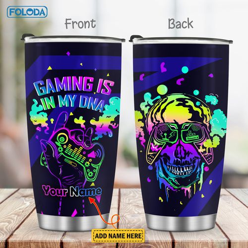 TEMU Foloda Personalized Gaming Tumbler With Leak-proof Lid - Custom Name Engraved, Bpa-free Stainless Steel, Vibrant Neon & Controller Design