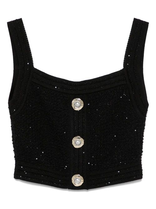 Sequin-Embellished Tweed Tank Top — Black