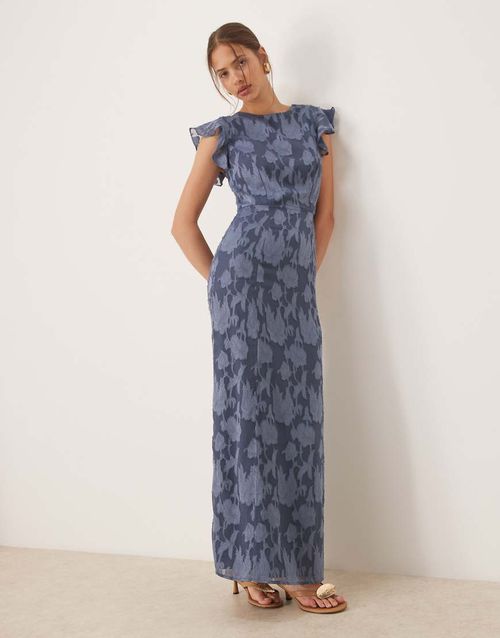 Floral flutter sleeve maxi dress in storm blue