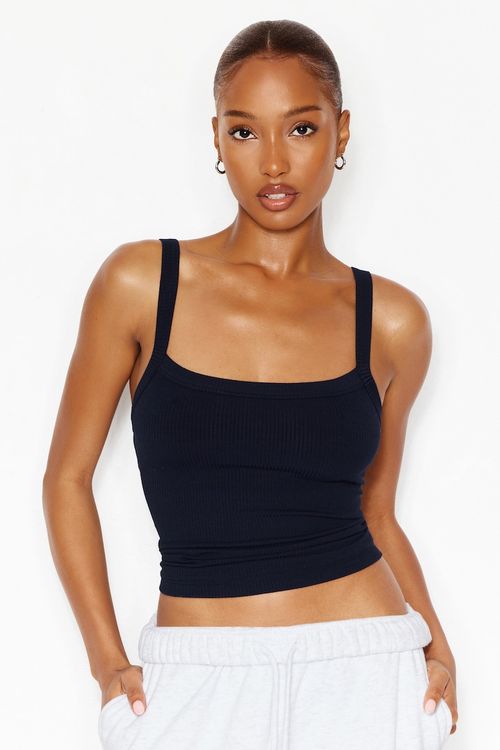 Open Neck Ribbed Cami Top - Navy - Women Clothing