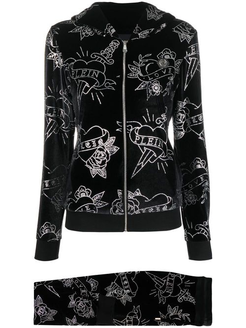 Heart velvet tracksuit set - Black