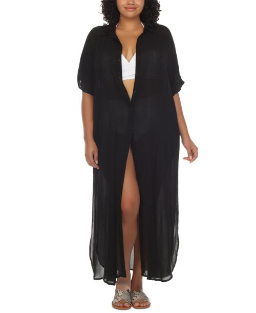 Plus Size Button-Front Cover-Up Maxi Dress - Black