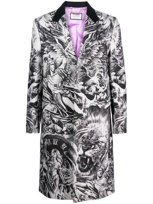 Tattoo-print wool coat - Grey