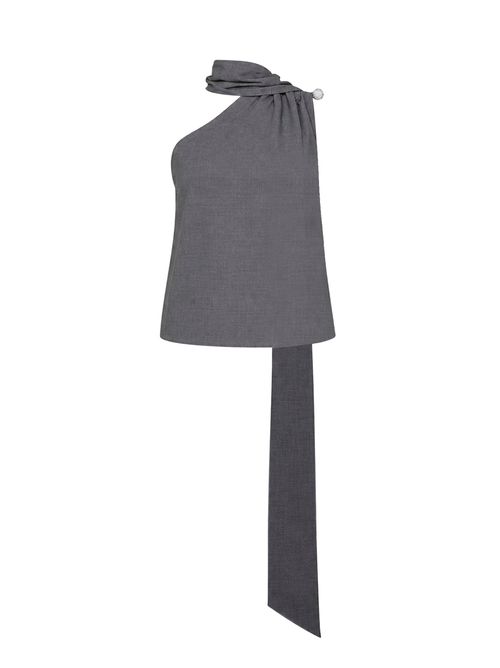 One-Shoulder Draped Virgin Wool Blouse — Gray