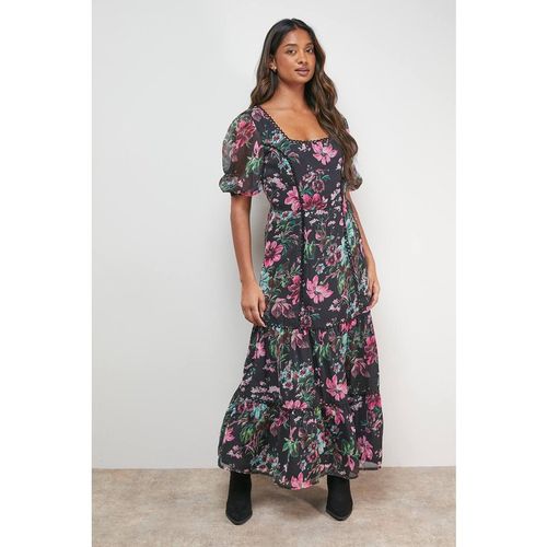 Oasis Women's Printed Square Neck Scallop edge Puff Sleeve Midi Dre