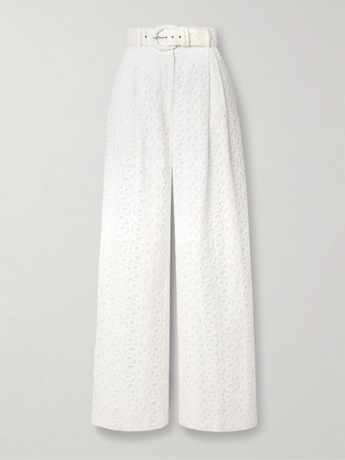Belted Pleated Broderie Anglaise Cotton Wide-leg Pants - White