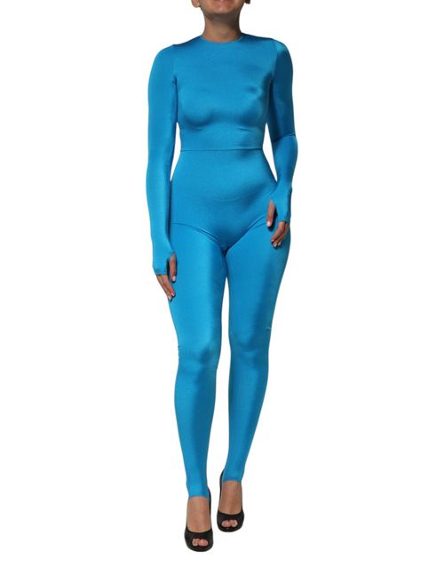 Nylon Crew Neck Bodycon Bodysuit — Blue