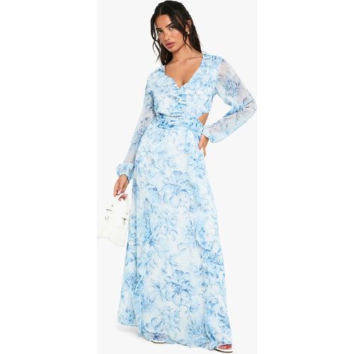 Boohoo Womens Petite Floral Chiffon Volume Sleeve Maxi dress - Blue