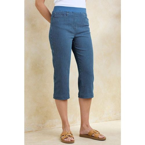 Cotton Traders Women's Premium Pull On Rib Waist Stripe Cropped Denim Jeans in Mid Blue