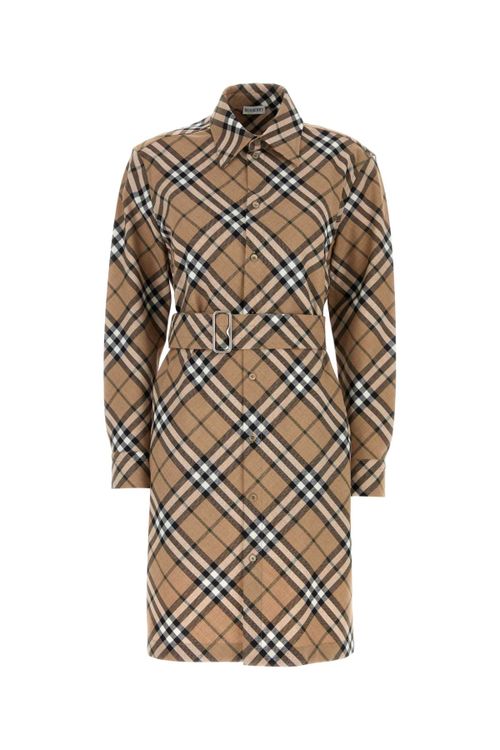 Checked Wool Shirt Dress — Beige