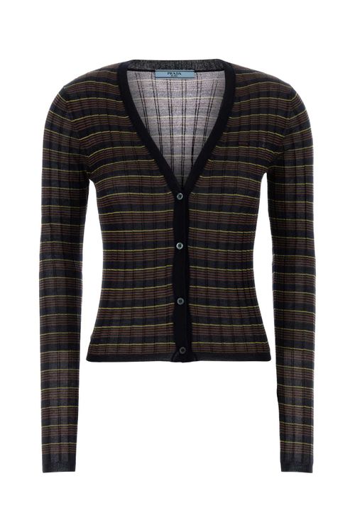 Striped Cashmere-Silk Knit Cardigan — Navy