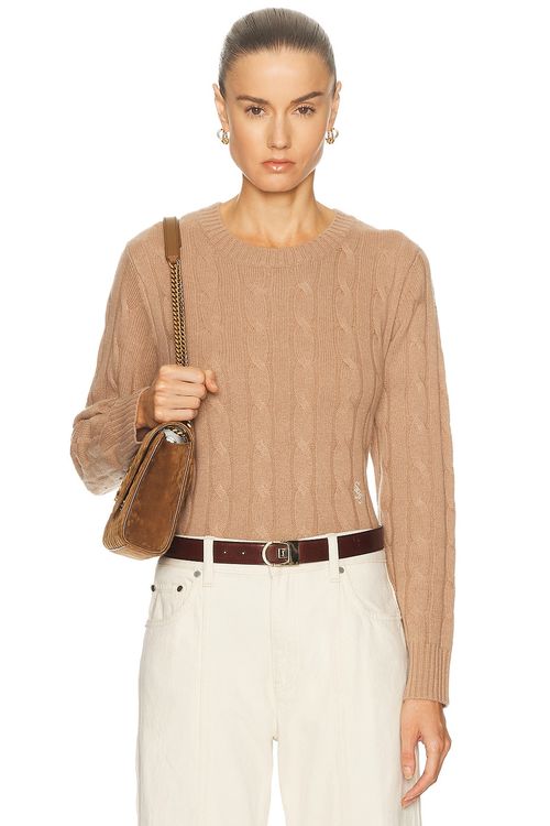 Sporty & Rich SRC Cableknit Cashmere Sweater in Camel - Tan. M also in XS, S