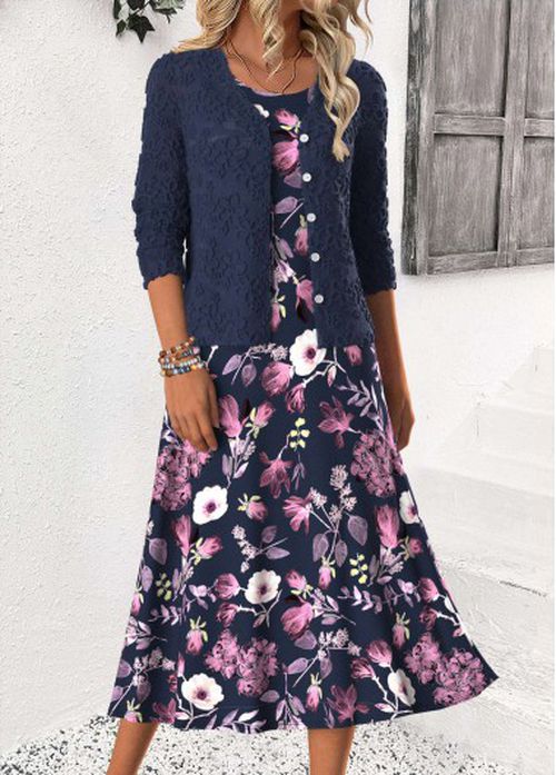 Modlily Navy Tummy Coverage Floral Print Dress and Cardigan