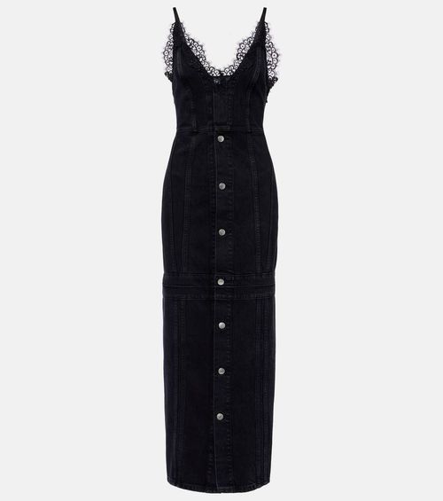 Lace-trimmed denim maxi dress