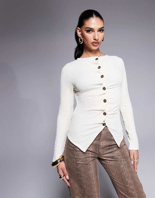 ASOS DESIGN textured button up long sleeve t-shirt in cream-White