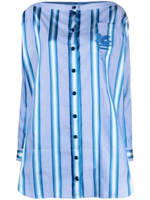 Vertical-Stripe Silk Shirt Dress — Blue