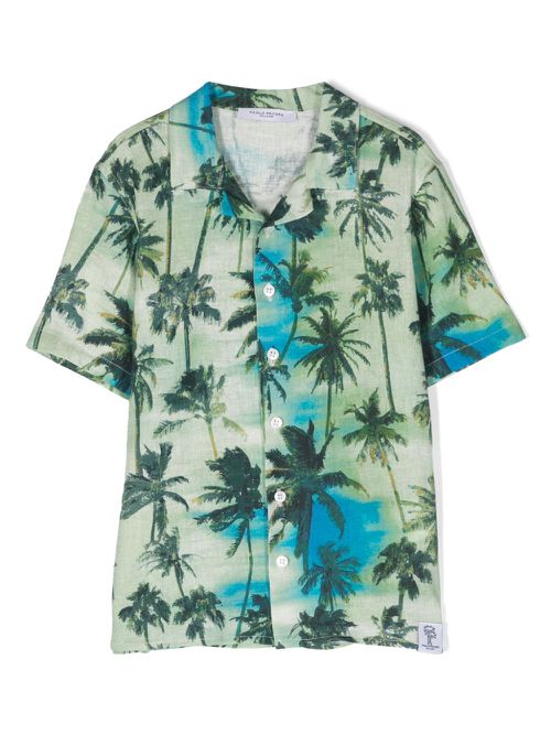 Palm tree-print linen blend shirt - Green
