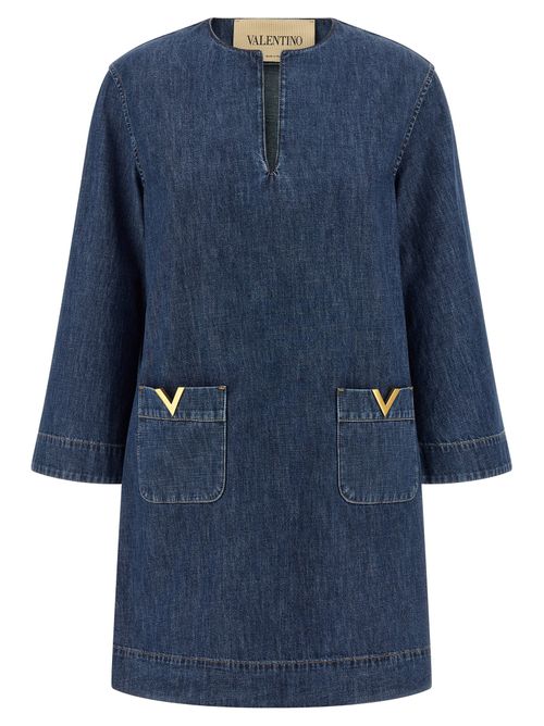V-Gold Embellished Denim Dress — Blue