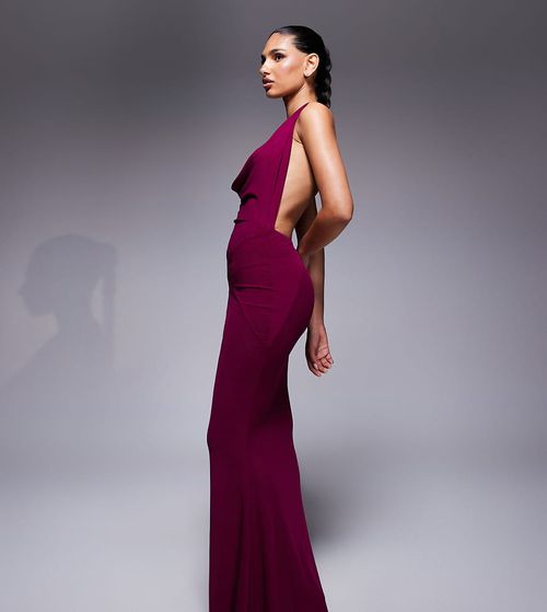 Exclusive mesh halterneck open back cowl neck maxi dress in plum-Purple