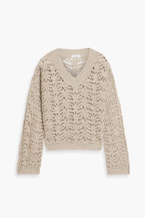 Sequin-embellished crochet-knit linen-blend sweater - Neutral - L