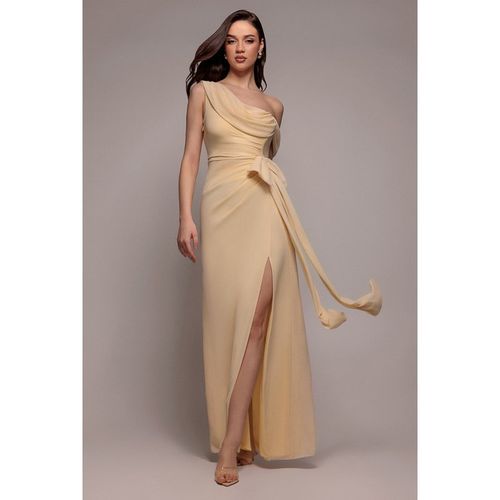 Goddiva One Shoulder Cowl With Bow Detail Maxi Dress - Butter Yellow