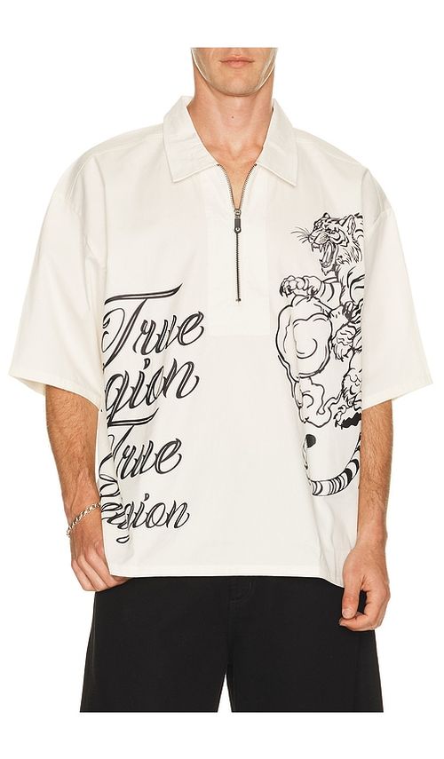 True Religion Half Zip Tiger Short Sleeve Shirt in White. L. Also in