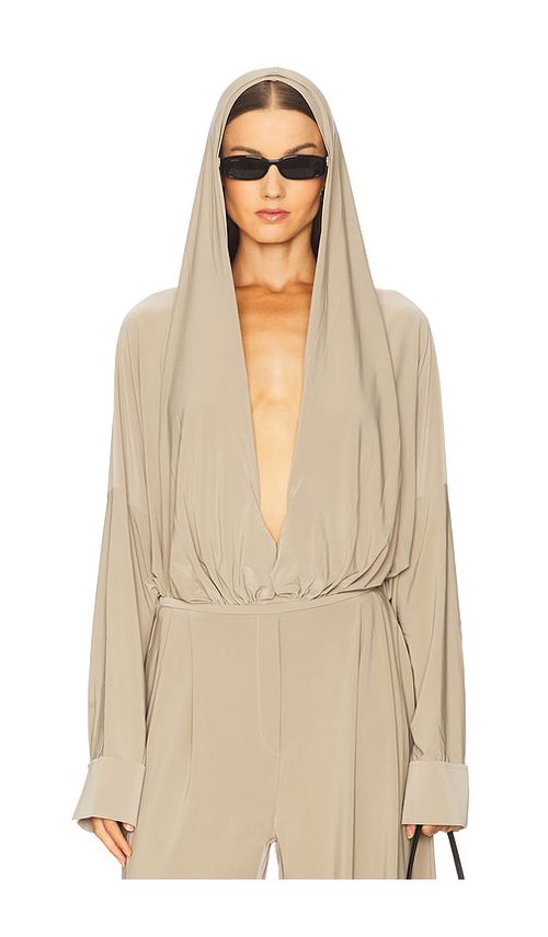 Norma Kamali Hooded Super Oversized BF NK Shirt Bodysuit in Taupe. -  S also in