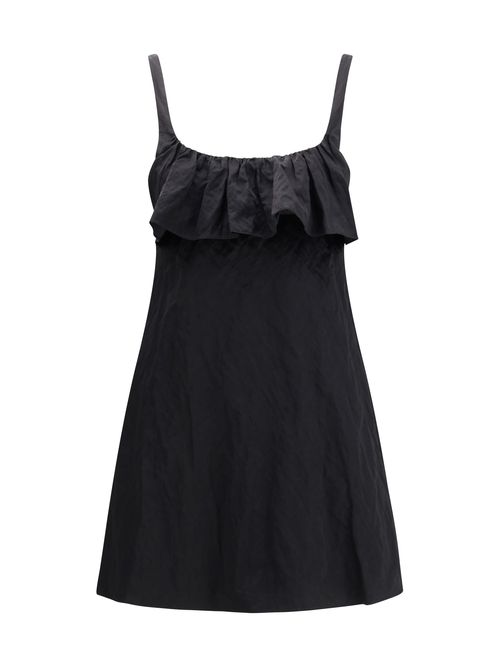 Ruffled Off-Shoulder Technical Satin Mini Dress — Black