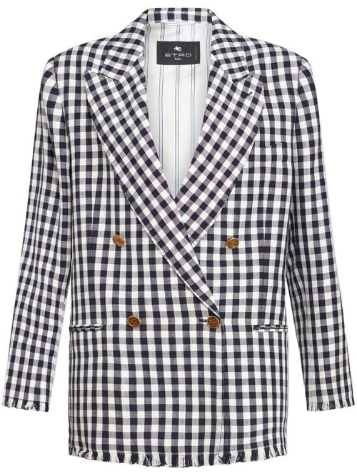 Gingham-print double-breasted blazer - Blue