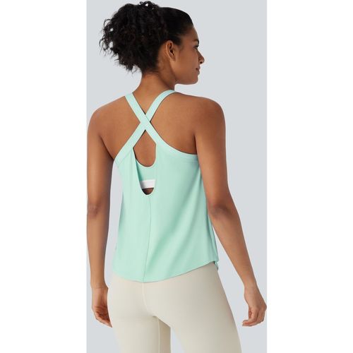 Halara U Neck Built-in Bra Curved Hem Cool Touch Yoga Tank Top with Built-in Bra-UPF50+ - Honeydew