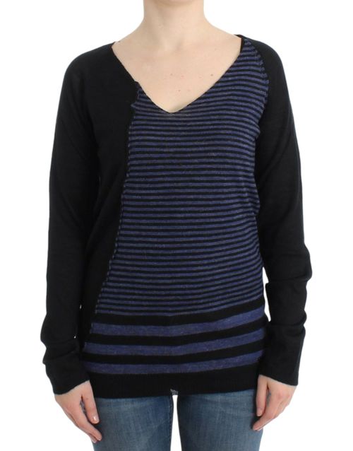 Striped V-Neck Sweater — Black