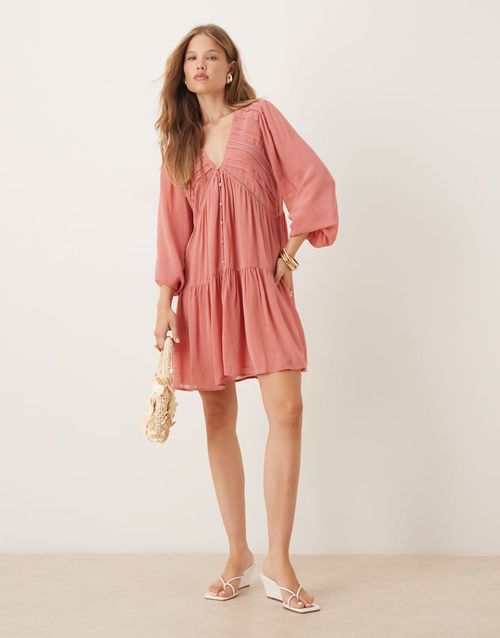 Marley boho v-neck mini dress in dusky pink