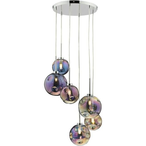Dar Lighting Mira 6 Light Cluster Ceiling Pendant Light In Polished Chrome With Iridised Gla