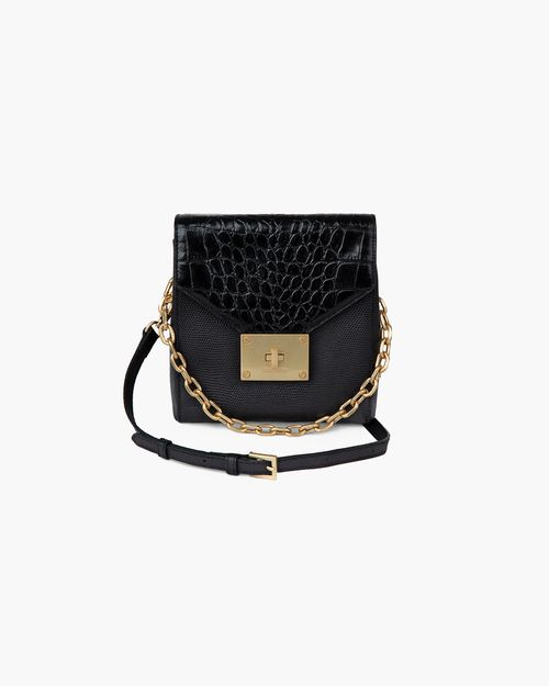 Livia Embossed Calf Leather Crossbody Bag for Women - Black, Detachable Chain Top Handle, Adjustable Strap
