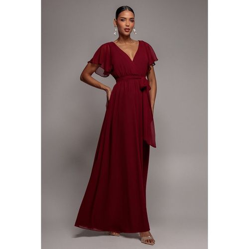 Goddiva Sustainable Chiffon Flutter Sleeve Wrap Maxi Dress - Berry
