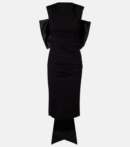 Bow-detail ruched satin-trimmed midi dress