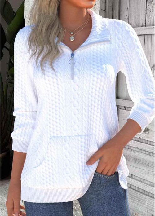 Modlily White Textured Fabric Long Sleeve Turn Down Collar Sweatshirt