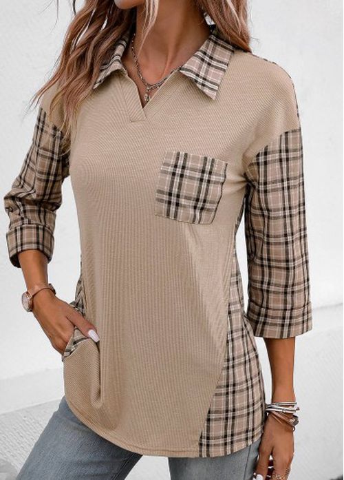 Modlily Patchwork Plaid Three Quarter Length Sleeve Blouse