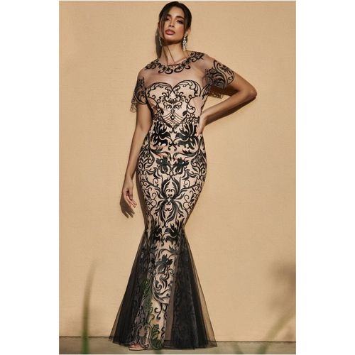 Goddiva Mesh & Lace Maxi With Scalloped Hem - Black