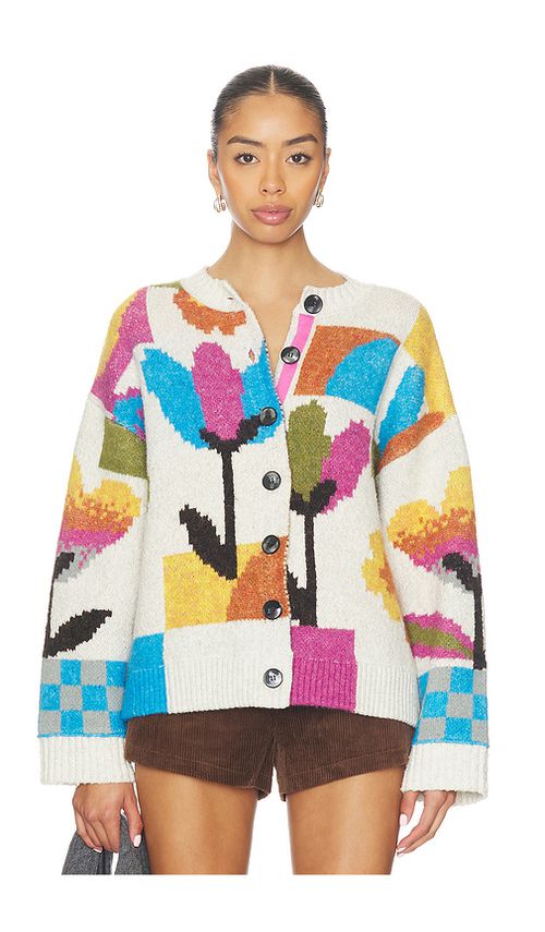 Free People Tulip Whirl Cardigan in Ivory,Pink. L. Also in M