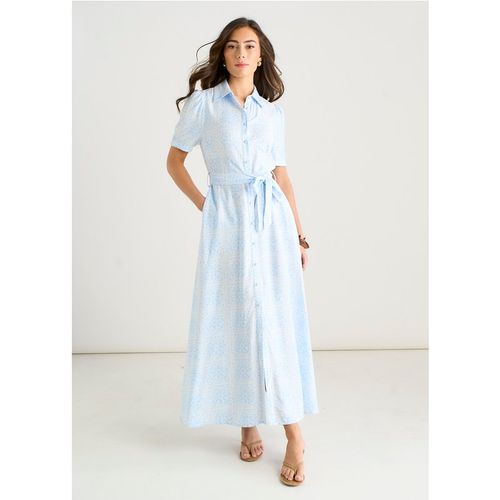 Gini London Womens Cotton Mix Blue Tile Print Button Through Maxi Shirt Dre