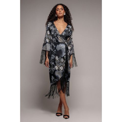 Goddiva Foil Print Wrap Midi With Tassels - Black