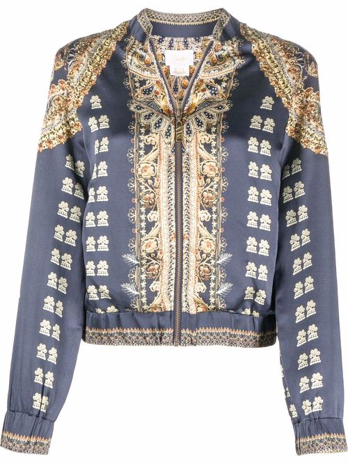 Camilla graphic-print silk bomber jacket - Blue