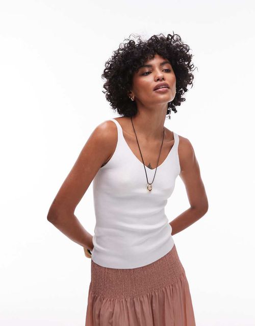 Knitted v neck cami top in ivory-White