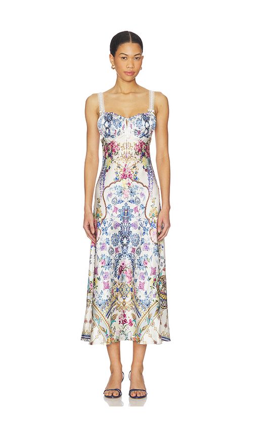 Camilla Gathered Bodice Bias Dress in Blue. L. Also in