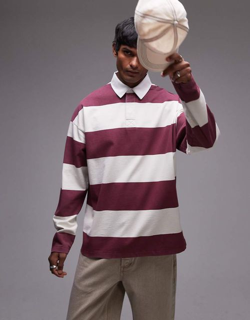Topman oversized fit stripe polo with woven collar in burgundy-Red