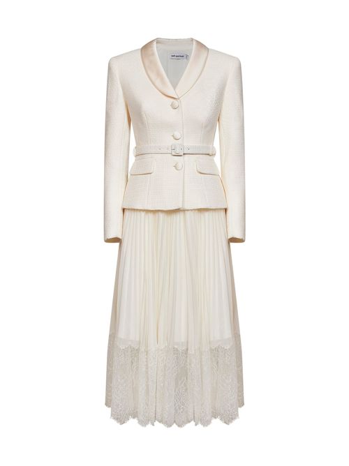 Bouclé & Pleated Georgette Midi Dress — Ivory